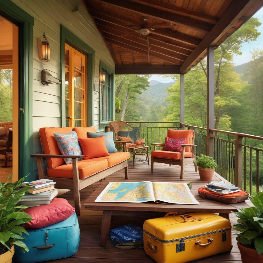 A cozy vacation home with a welcoming porch, showcasing a short stay apartment with modern amenities and nature views. Include a family enjoying leisure time, with suitcases and travel gear around, emphasizing comfort and relaxation. Vibrant colors, inviting atmosphere, and elements of adventure like maps and travel guides scattered on a table. digital illustration. bright and cheerful hues.