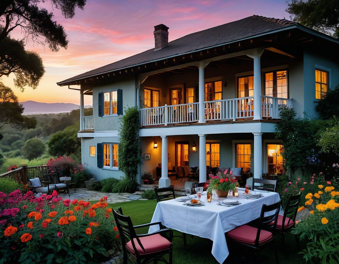 A serene guest house in a picturesque landscape, adorned with colorful flowers and a welcoming porch. In the foreground, a diverse group of travelers is sharing stories and a meal, surrounded by lush greenery and a sunset in the background. Soft, warm lighting creates an inviting atmosphere, showcasing the essence of cozy holiday rentals. A travel guidebook and maps are resting on a nearby table. vibrant colors. painting.