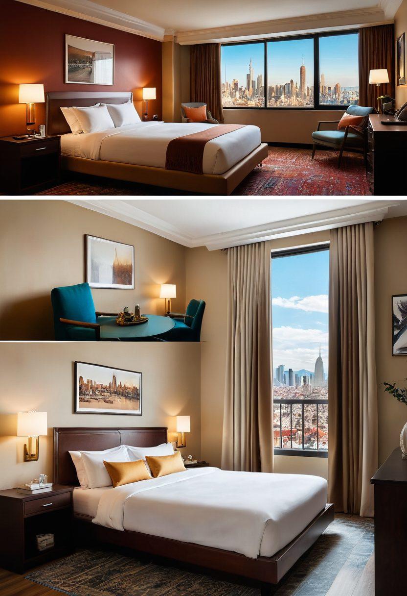 A split scene showcasing two contrasting travel accommodations: on the left, a lavish hotel room with elegant decor, a view of a city skyline, and a plush king-sized bed; on the right, a cozy, budget-friendly hostel with vibrant wall art, communal space, and cheerful travelers interacting. The top half is bathed in warm sunlight, while the bottom half features a softer, relaxed atmosphere. super-realistic. vibrant colors. soft focus.